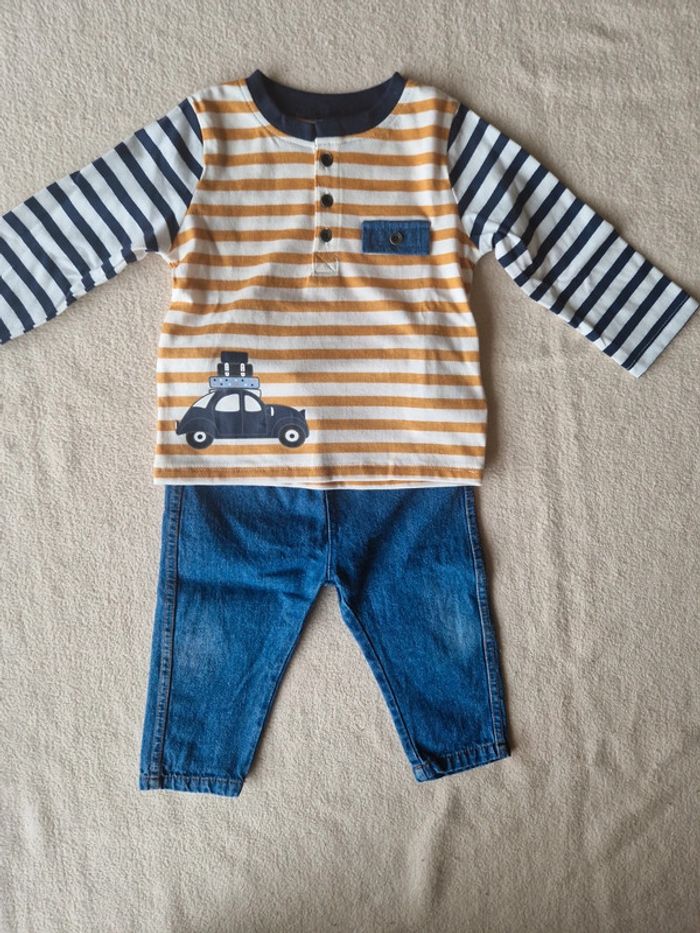 Ensemble neuf 12 mois jean et haut à rayures et motif - photo numéro 6
