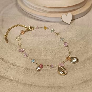 Bracelet doré en acier inoxydable avec pierres colorées et coquillages (neuf)