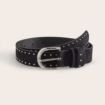 Ceinture femme style cowgirl en daim noire – Boucle dorée – 100 cm