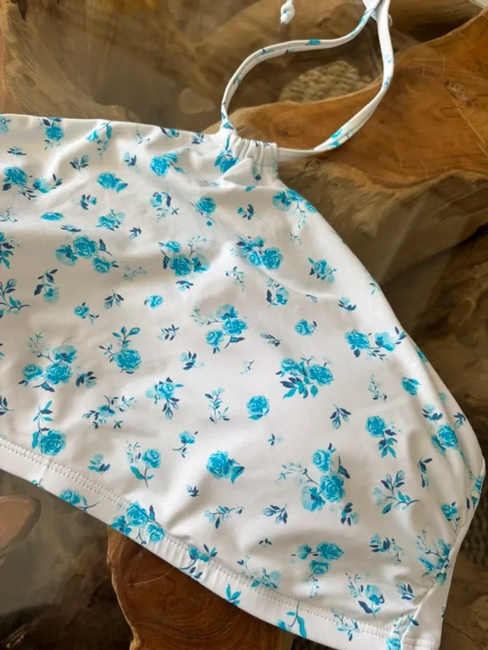 Maillot de bain 2 pièces blanc bleu fleurs L - photo numéro 4