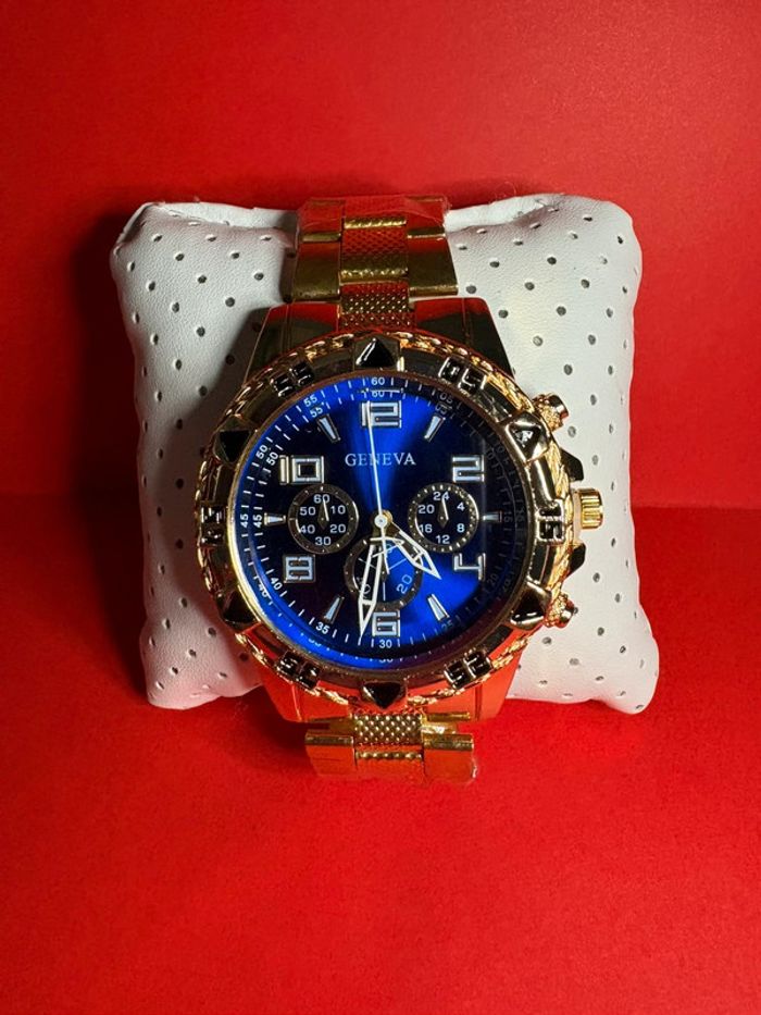 montre Geneva doré avec cadran bleu stylisé à quartz pour hommes - photo numéro 3