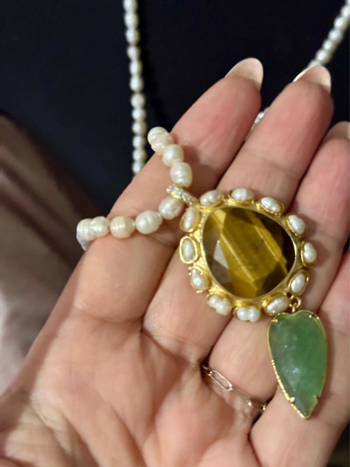 Sautoir habaha Paris perles d’eaux douces véritables amazonite œil de tigre rare - photo numéro 3