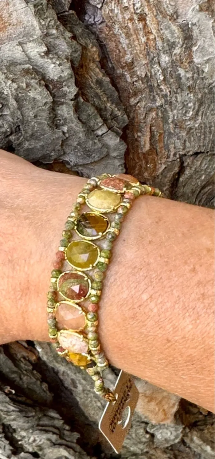 Bracelet manchette pierres véritables jade amazonite quartz jaspe habaha  Paris - photo numéro 2