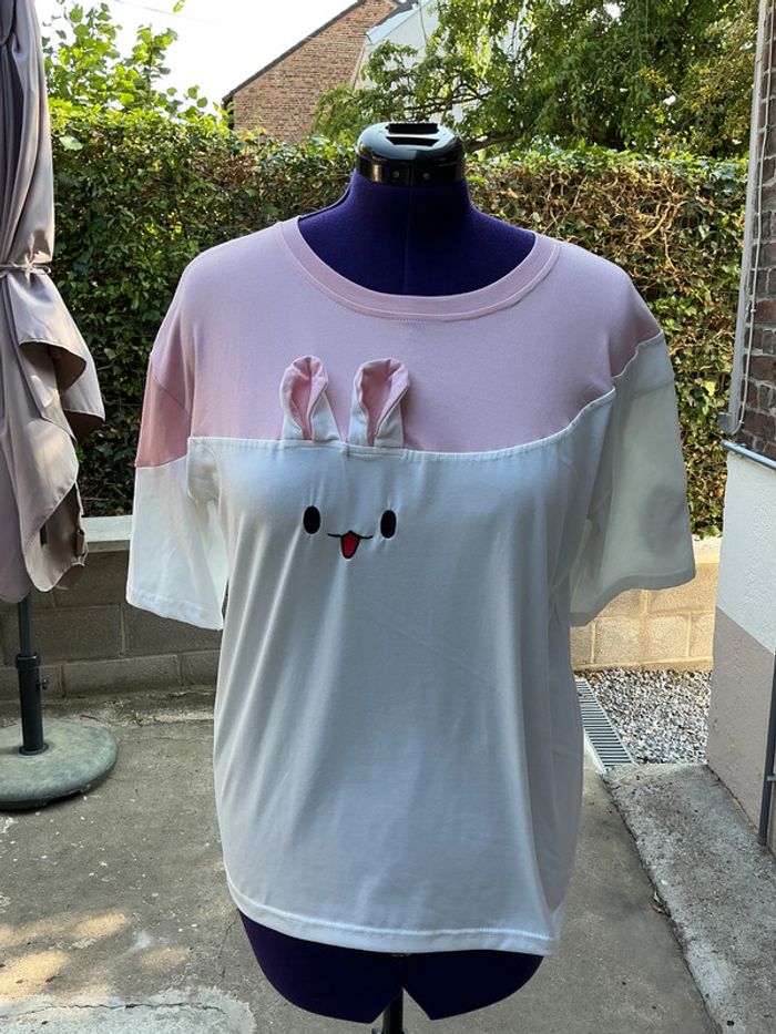 Tee-shirt  mignon rose et blanc motif lapin XXL