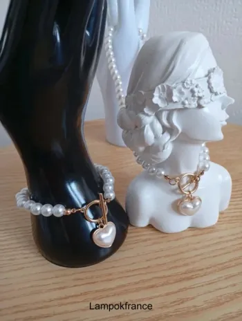 Ensemble collier en perles blanches d'amour coeur avec bracelet