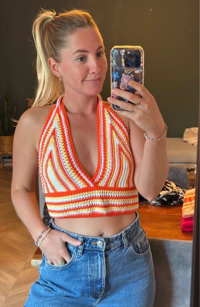 Crop top dos nu en maille brodée - Taille unique - Orange