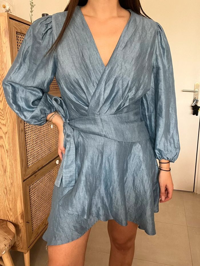 Robe cache cœur bleu clair en lin Maje
