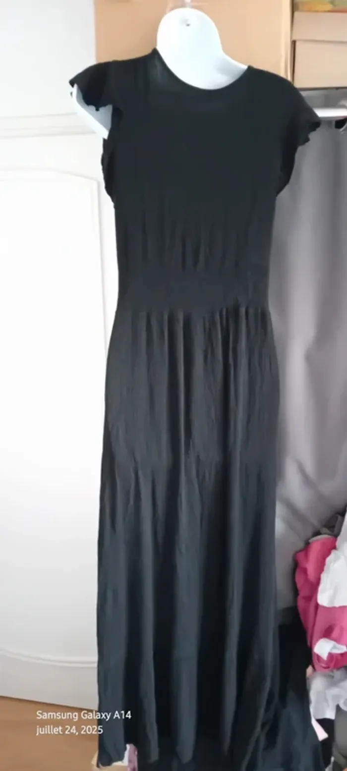 Robe noire très longue effet plissé cache cœur taille smock femme 38/40 made in italy - photo numéro 6