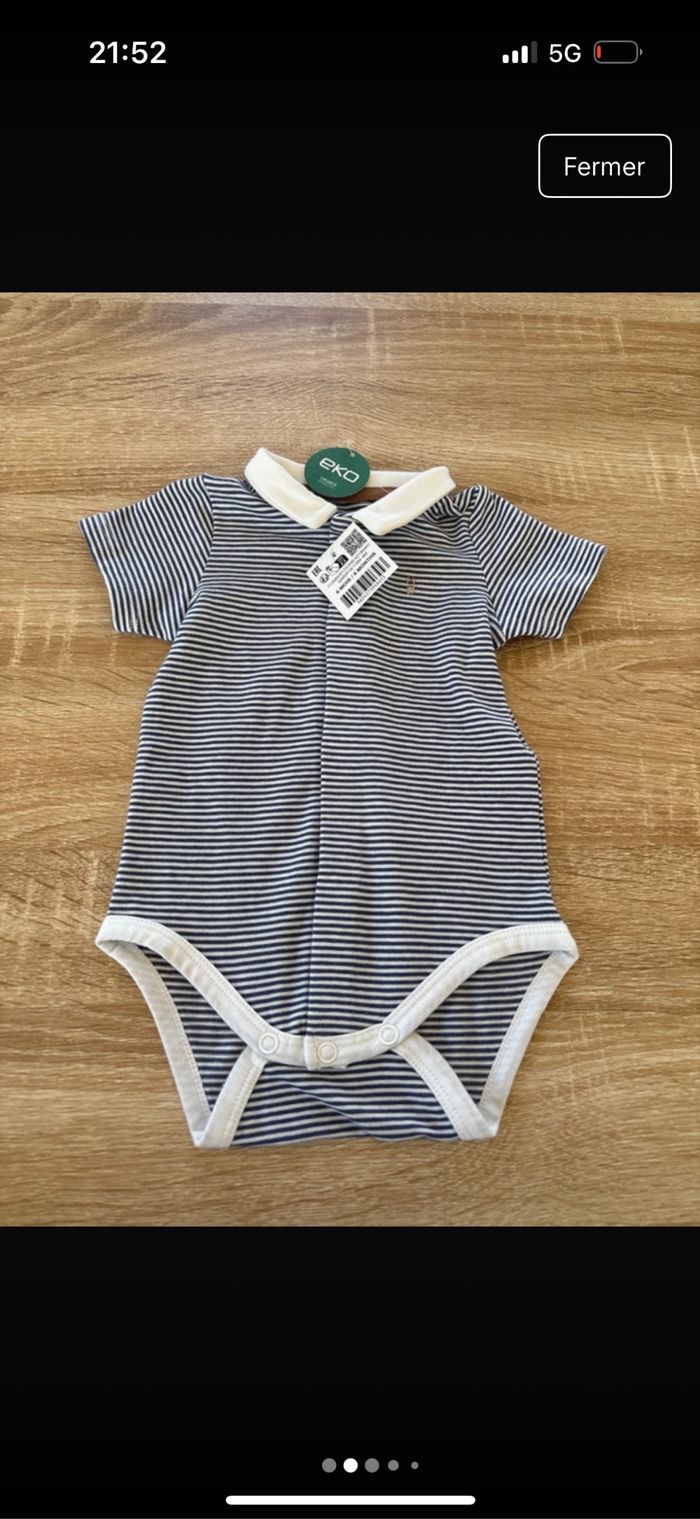 Ensemble Polo body marinière et salopette short petit tigre 6 mois NEUF Obaibi - photo numéro 2