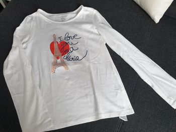 Pull fin t-shirt à manches longues fille 10 ans blanc Tour Eiffel