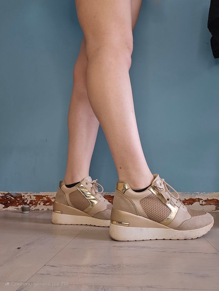 Basket à semelle compensé beige gold bon état - photo numéro 3