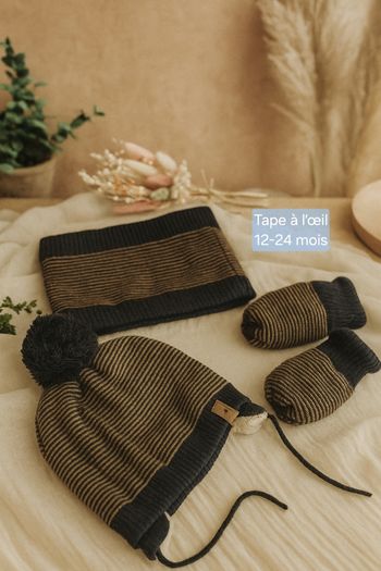 Lot ensemble bébé garçon bonnet snood gants bleu marine marron Tape à l'oeil TAO  12 à 24 mois
