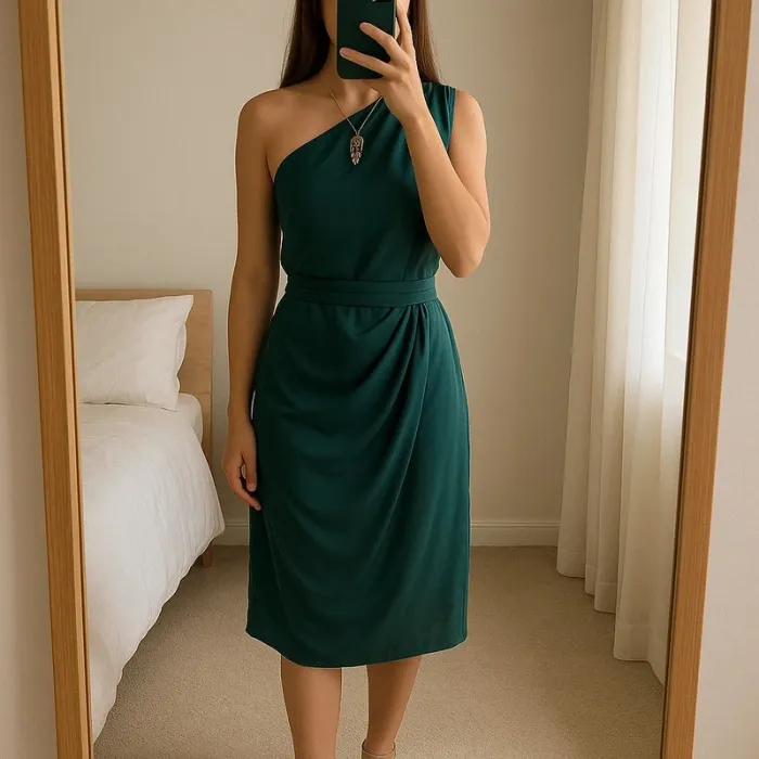 Robe habillée vert canard avec drapé devant et épaule dénudée T.M neuf avec étiquette Cupshe