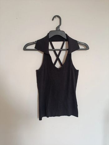 Haut noir côtelé col polo croisé dos – Yes Bon S/M vintage old school rétro