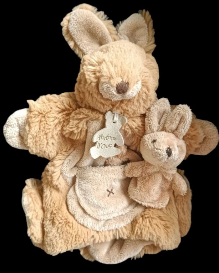 ❤️B1449 Doudou Marionnette Lapin  Marron Avec Bébé HISTOIRE D'OURS