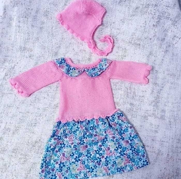 Vêtement ensemble robe fleurie avec col claudine et bonnet béguin tricot fait main bébé fille 12 mois - photo numéro 2