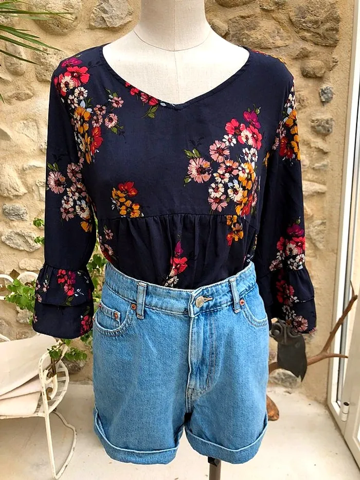 Camaïeu - Blouse bleu foncé marine fleurie florale multicolore à manches mi longues 3/4 - photo numéro 5