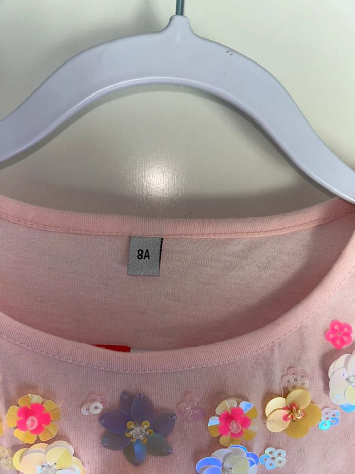 T-shirt manches courtes rose à fleurs - 8 ans - photo numéro 3