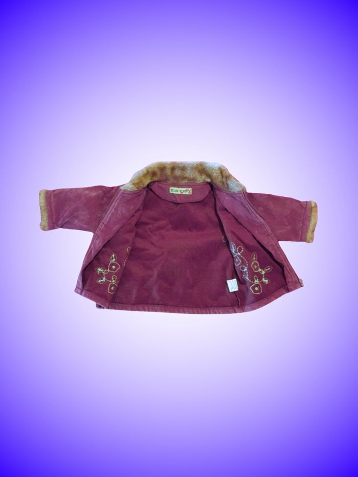 Manteau Bébé/Enfant Velours Côtelé Bordeaux Tom Kids – Col Fourrure & Broderies Florales – 12 mois, 74 cm – Très Bon État - photo numéro 3
