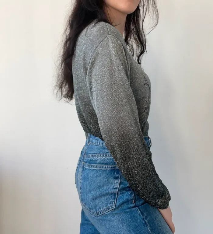 Pull vintage années 80 dégradé à paillettes motifs fleurs taille M - photo numéro 2