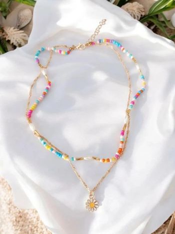 Collier multirangs, perles multicolore, pendentif fleurs, tendance été 🌼