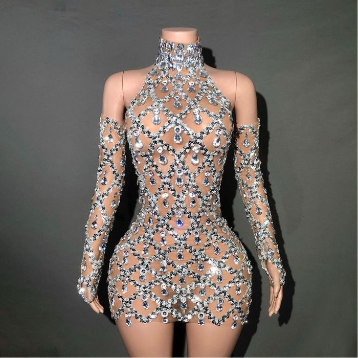 Robe à carreaux sexy en maille transparente sans manches à col haut strass brillant - photo numéro 3