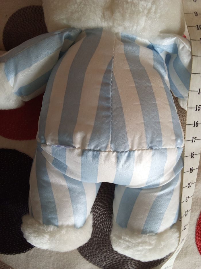 Doudou lapin Blanc et  bleu Pampers  bicolore rayé rayures peluche lapine lapereau  tête blanche peluche col bleu vintage ancien 1991  d'occasion  utilisé - photo numéro 2