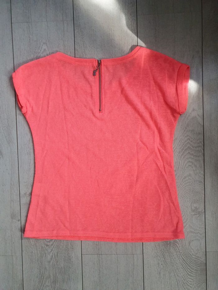 T shirt Cœur Strass Corail Fluo - photo numéro 3