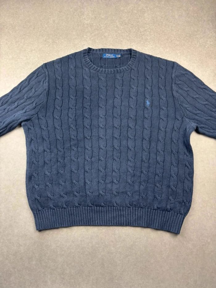 Pull d’hiver torsadé en maille Ralph Lauren bleu col rond taille XL - photo numéro 2