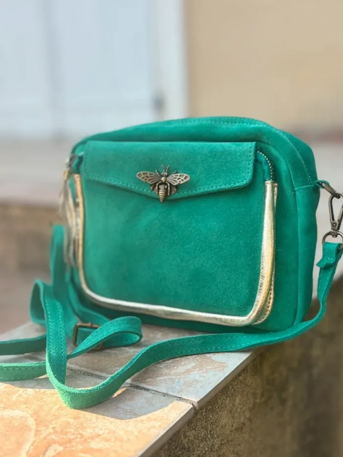 Sac cuir bandoulière vert avec fermeture abeille - photo numéro 8