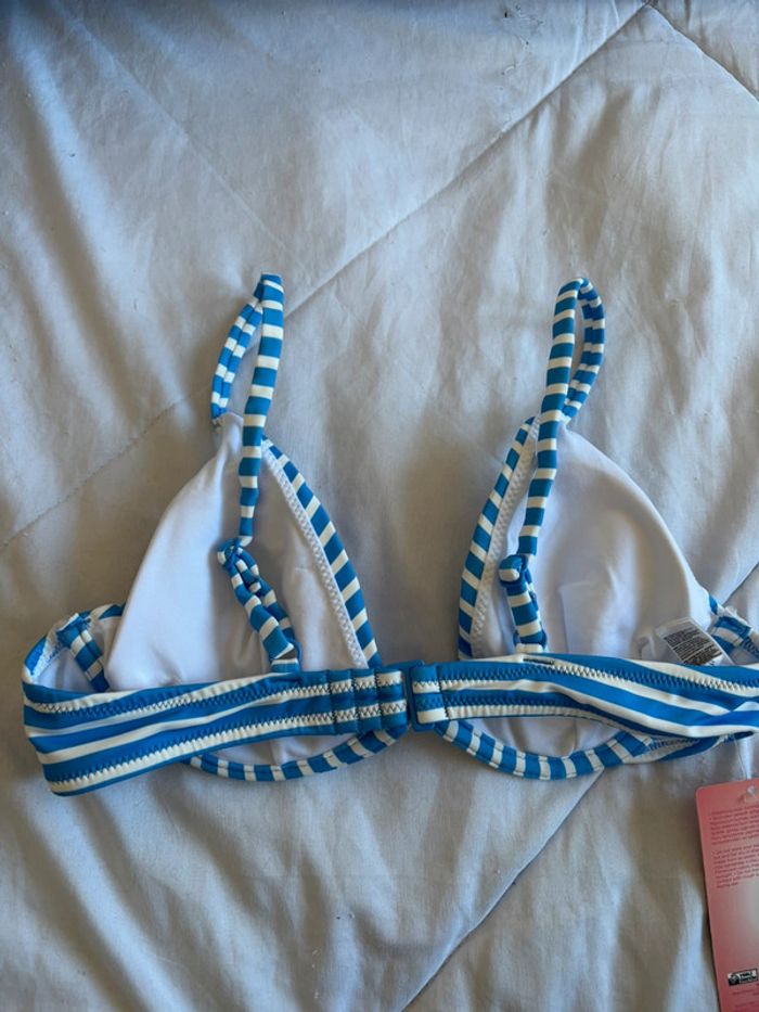 Haut de maillot de bain bikini bleu blanc rayé penti taille XS/34 neuf - photo numéro 3
