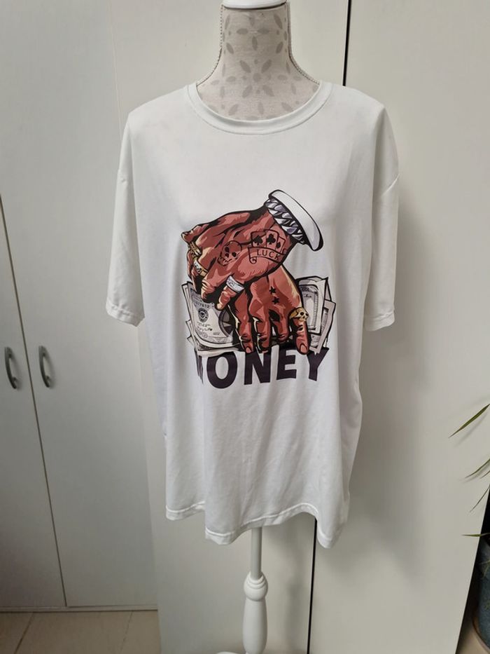 T-Shirt Hip Hop Gangster Blanc Imprimé Mains Money