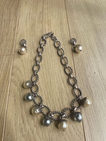 Parure vintage ancienne collier perles et boucles d’oreilles à clips