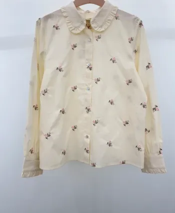 Chemise beige motifs fleurs brodées coton