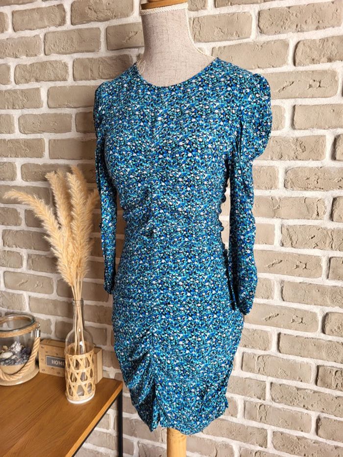 Robe bleue fleurie Zara fronces et manches ballon - photo numéro 5