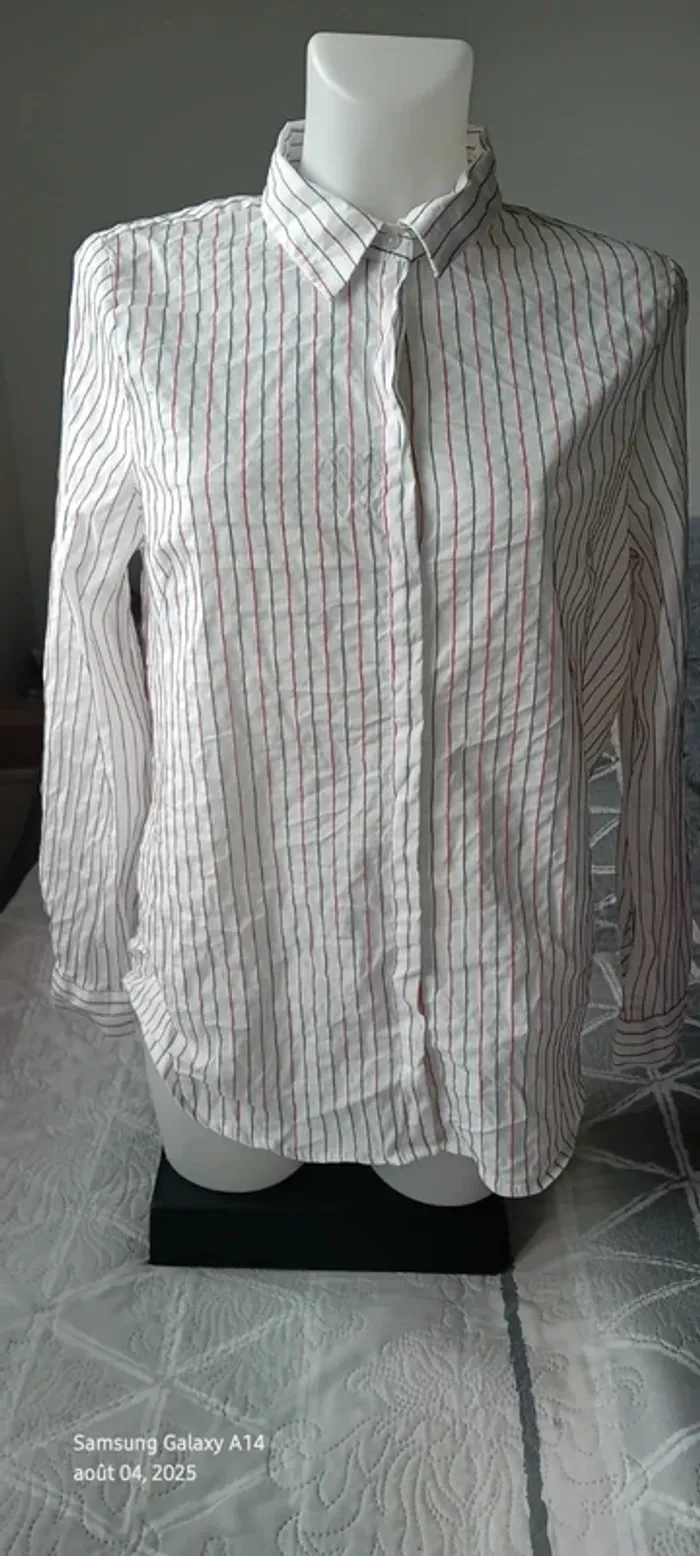 Chemise longue manches longues avec rayures bleu blanc rouge blanche femme 44 phildar - photo numéro 2