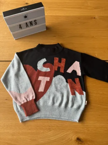 Pull tout doux, 9% laine, col cheminée inscription Chaton tons marron/gris/noir - Taille 4 Ans