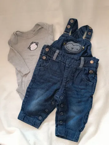 🎀 jolie ensemble salopette bleu bodies gris motif petit singe taille 3 mois 🎀