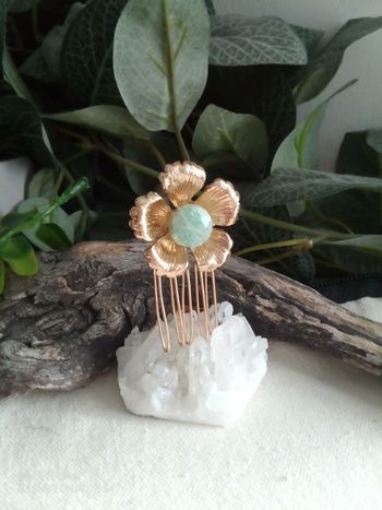 Barrette peigne fleur d'amazonite naturelle