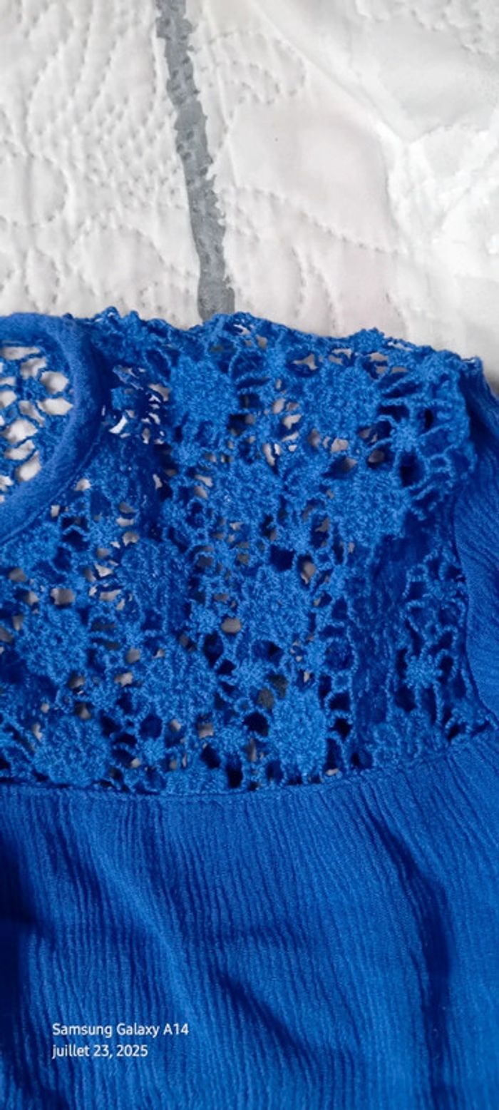 Blouse courte manches pagodes avec dentelle tissus plissé lien à pampilles bleu femme L - photo numéro 14