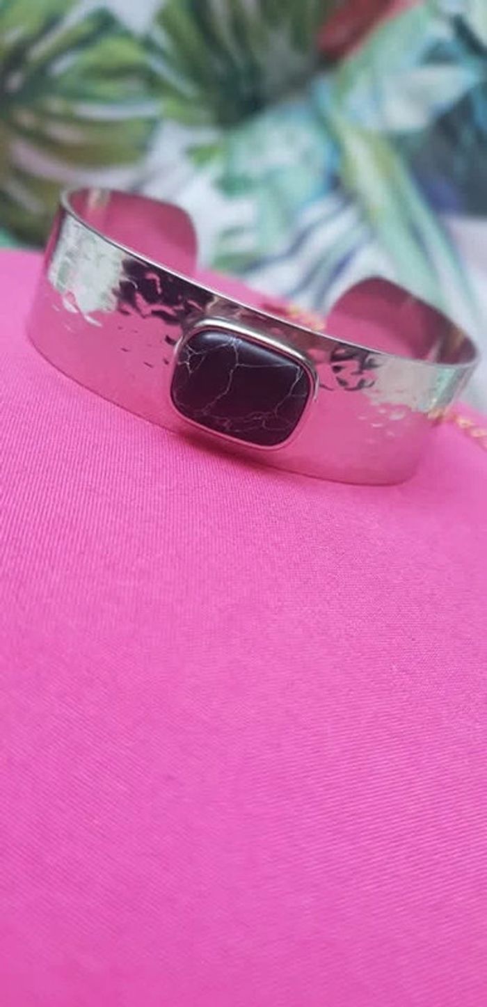 Jonc épais martelé acier inoxydable argent pierre noire réglable - photo numéro 2