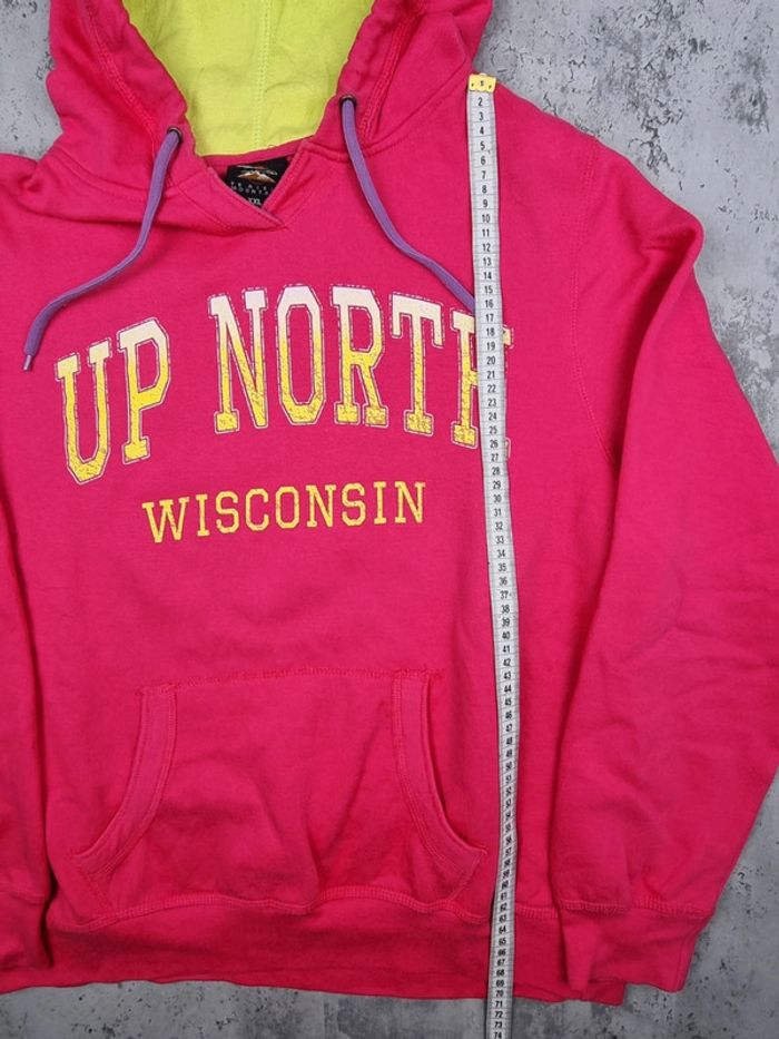 Pull à capuche universitaire Wisconsin rose & jaune – Taille XXL Femme (mesures en photos) - photo numéro 7