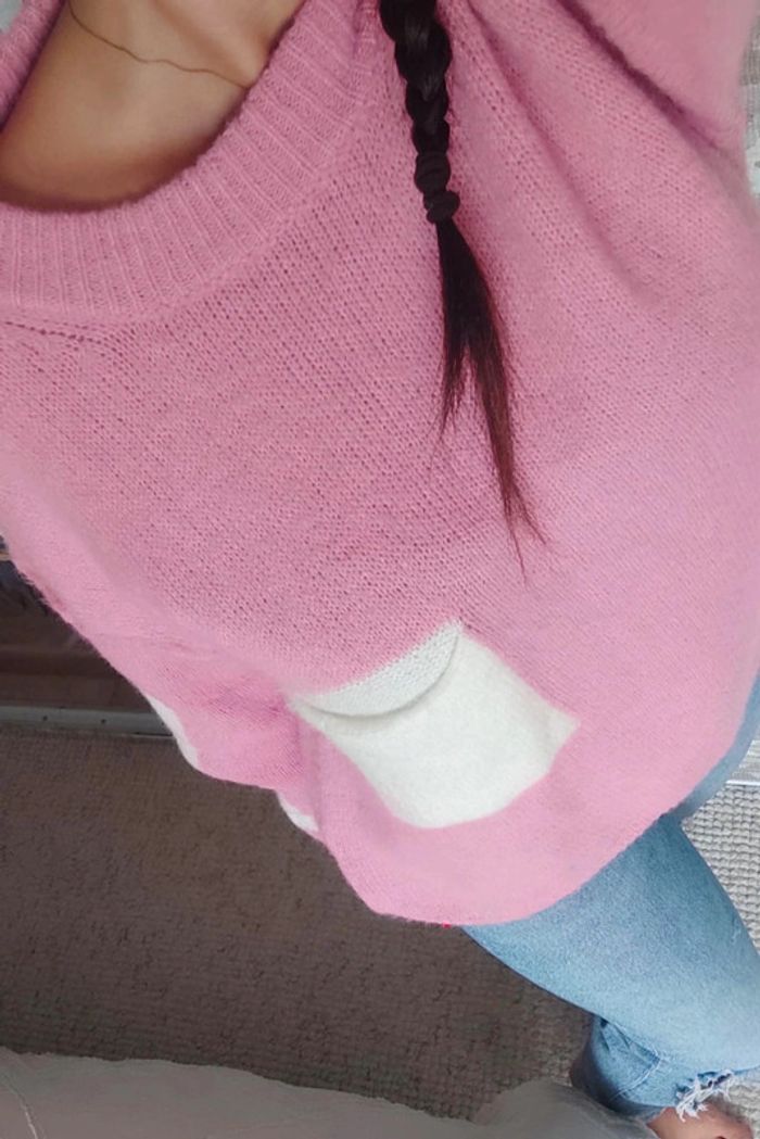Magnifique pull loose rose bonbon blanc Balance ton pull avec poche taille unique comme neuf - photo numéro 4