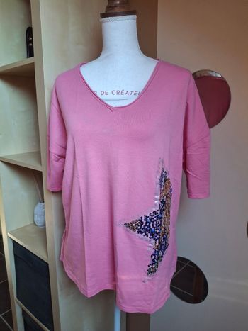 T shirt rose étoile sequins neuf grande taille