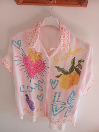 Chemise rose lin viscose coeur citron taille L XL 