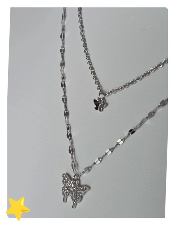 Collier double en acier inoxydable avec pendentif papillon et pierre d'ornement - photo numéro 5