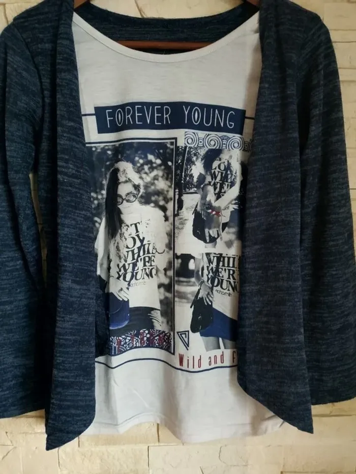 Tunique gilet 2 en 1 fille 14 ans bleu moucheté blanc tbe - photo numéro 2