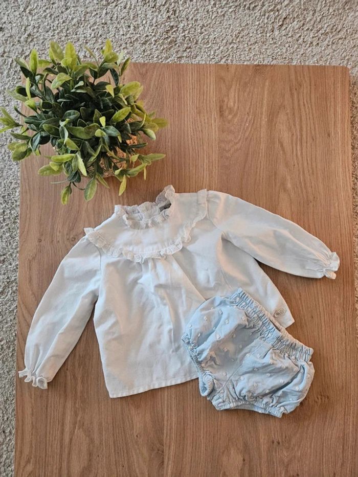 Ensemble bloomer bleu clair et blouse José varon 12 mois