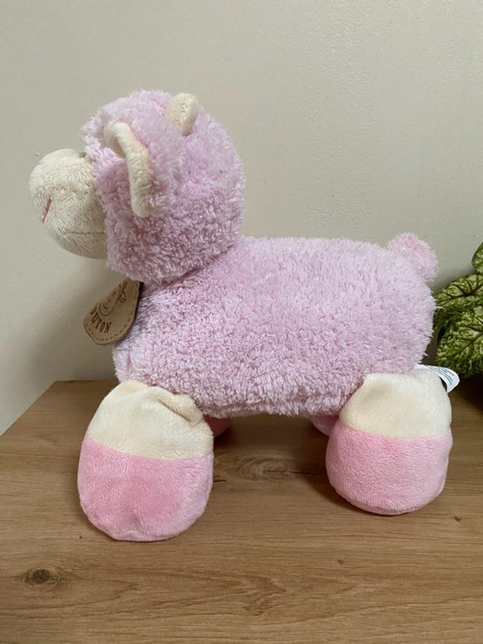 Doudou peluche mouton rose écru médaillon cmp - photo numéro 3
