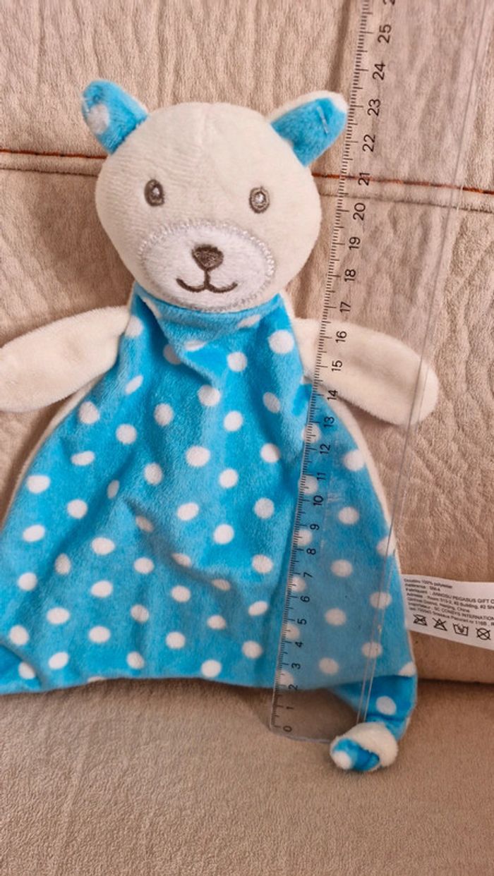 Doudou plat ourson bleu à pois blanc - photo numéro 2